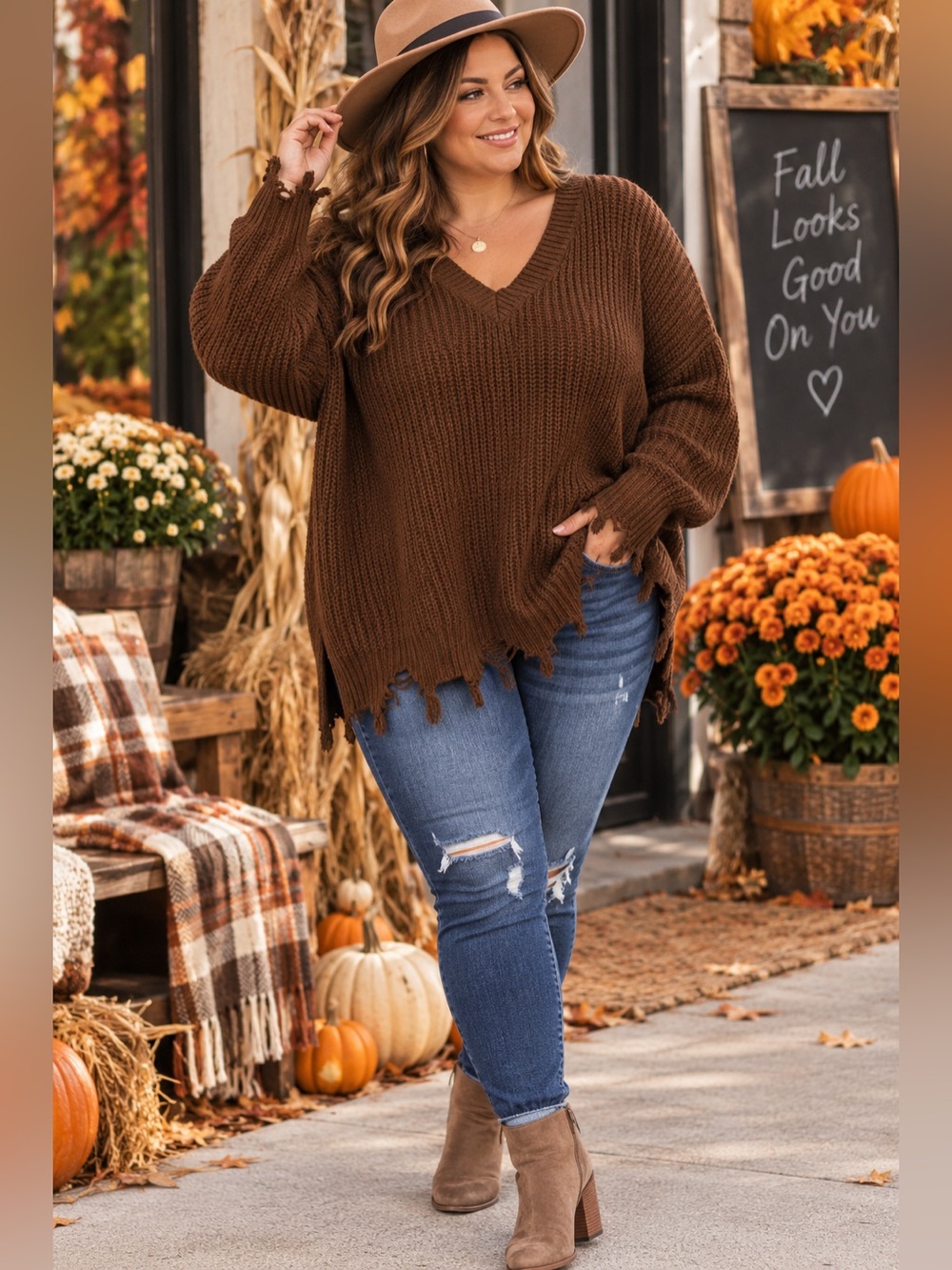 Cato Chocolate Brown V-Neck Torn Distressed Sweater Size 22/24
